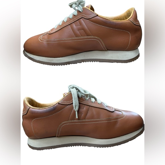 Hermes Men EU 40.5 US 7.5 Quick Sneakers Low Cut Shoes Leather Orange Brown Logo - Picture 2 of 16